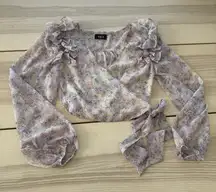 Vici Painted Daisy Chiffon Ruffle Wrap Blouse Cropped Lavender Purple size S