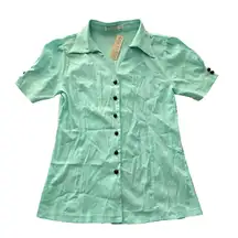 Y2K Vintage Retro Preppy Green Milkmaid Soft Academia Button Shirt Top Medium