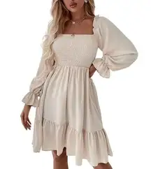 NEW Square Neck Lantern Long Sleeve Ruffle Shirred Flowy Mini Dress L