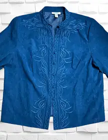 Dressbarn Women’s 22/24W Blue Blazer Jacket • Button Closure Embroidery Mandarin