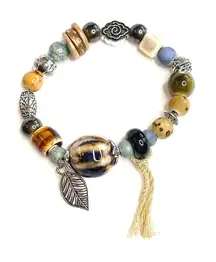 Earth Toned Bracelet Ceramic Boho Beaded Silver Leaf Accents Stretchy