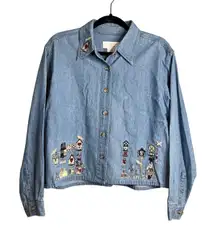 Christopher Banks Denim Shirt Size L Embroidered‎ Button Up Boxy Crop Cottage