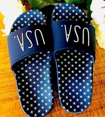 Rae Dunn USA Navy Star Slide Sandals Size 7 NWT Patriotic Fourth of July