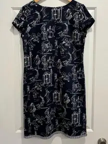 Vintage Talbots Navy Parisian Print Shift Dress with Ruffle Hemline Cotton Mini