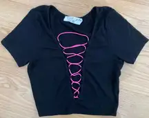 Emma & Sam Black Pink Lace-Up Crop Top XS