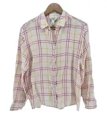 Talbots‎ Petites Irish Linen Button Up Shirt Size 14 Plaid Pink Yellow White