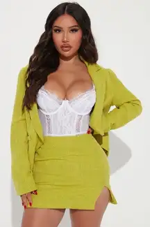 Fashion Nova Linda Tweed Double Breasted Blazer Skirt Set Green Women Medium