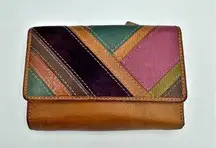 Vintage Fossil Patch Leather Wallet British Tan w/ muti colors of patches 3 Fold