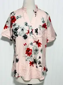 Women's Polyester Floral Print Split Neck Short Sleeve Top‎ Pink Size Large