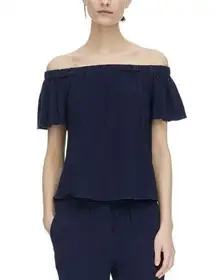 REBECCA‎ TAYLOR NAVY BLUE OFF SHOULDER GAUZE TOP BLOUSE COTTON WOMENS SIZE 6