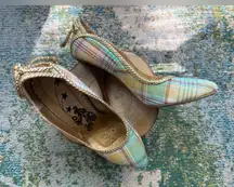 Vintage Y2K Naughty Monkey plaid gold leather bow heels, size 8