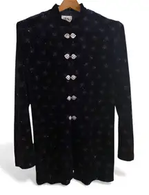 J.B.S. LTD. 90s Navy Blue Velvet Sparkle Jacket Mandarin Collar Ornate Buttons Sz L