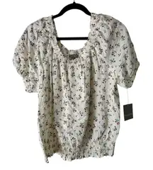 Falls Creek Smocked Floral Top Square Neck Short Sleeve Blouse Large‎