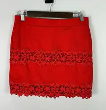 J.Crew Skirt 2 Red Cotton Lace Trim Floral Eyelet Career Preppy Boho Romantic
