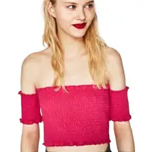 Zara Trafulac Hot Pink Barbiecore Smocked Off Shoulder Cropped Tube Top