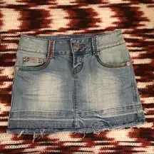 Y2K 2000s Micro Mini Baddie Low Rise Denim Jean Skirt Bubblegum USA Colorful Embellished Bedazzled Stitching #Fairy #grunge gothic whimsygoth #cyber #punk #biker  Size 3/4-Measurement in pics