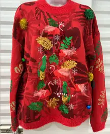 32 Degrees Red Sweater with Flamingo and Parrot Design