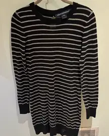 French Connection black and grey striped sweater dress with bows on back. EUC