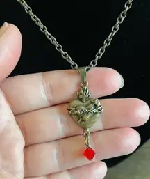 Heart & Dagger grunge Necklace, metal rusty copper look,crystal blood drop