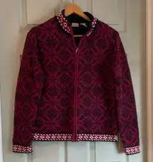 L.L. Bean Women's M Nordic Magenta Black 100% Cotton Full Zip Heavy Sweater