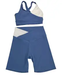 Wilo The Label Blue/White Athleisure Set Criss Cross Sports Bra Shorts Size M/L