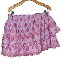 LoveShackFancy Women’s Size M Lilac Pink Floral Print Tiered Mini Skirt