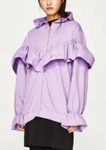 Zara Women's Spring Summer Lavender Ruffle Zip Up Long Balloon Sleeve Hoodie S