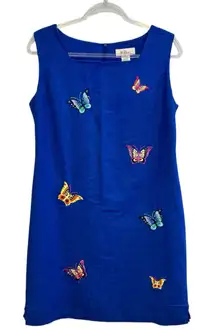 Vintage Linen Blend Butterfly Embroidered Shift Dress Size 10