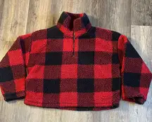 Thread & Supply Red and Black Plaid Fleece 1/4 Zip Pullover Size Large