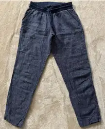 Athleta Womens‎ Pants Pull On Jogger Linen Bali Cropped Navy Stripe Cotton Sz 0