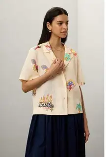 RHODE Off-White Graphic Whimsical Patches Front Button Collared Nola Top Size L