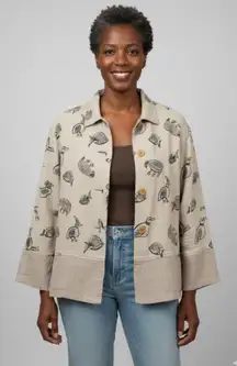 BETS by Canvasbacks Taupe Black 4 Wood Button Bird Fish Linen Boxy Jacket Medium