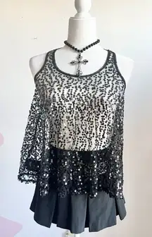 Black Sheer Sequin Tank Top, Y2K Soft Grunge‎ Festival Rave Clubwear 2000s XS