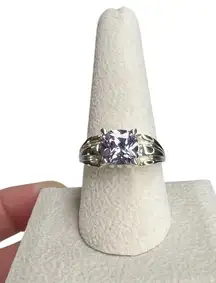 Cushion Cut Light Purple Prong Set Faux Amethyst Ridged Band Ring