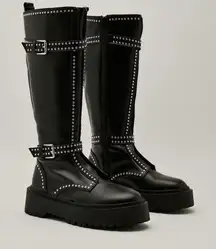 Nasty Gal Faux Leather Double Buckle Studded Calf High Boots