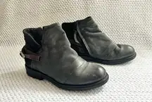 Miz Mooz Black Leather Paco Low Ankle Back Strap Belted Booties Boho Moto 36