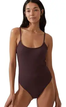 NEW Cotton On Body Thin Strap Low Scoop One Piece Cheeky Swim Suit Brown Size M