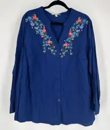 Woman Within‎ Women's Embroidered Floral V-Neck Long Sleeve Tunic Blue Size 1X