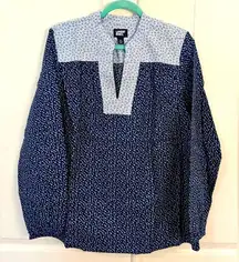 Lands' End M/L Cotton Poplin Peasant Blue Patterned Shirt Star Dot NWOT