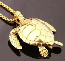 Large Gold Sea Turtle Pendant Necklace Stainless Steel Big Jewelry Men, Womans