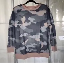 NWOT Light Grey Green Camo Long Sleeve Crewneck Top, Sz Small