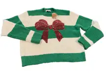 POOF New York Women's Green White Striped Fuzzy Christmas Sweater Sequins Bow L