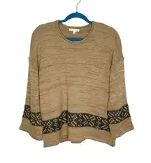 Hem & Thread Tan Knit Gray Fair Isle Stripe 3/4 Length Sleeve Sweater