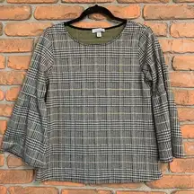 Allison‎ Joy Womens Plaid Knit Blouse Top Houndstooth Bell Sleeves Size Small