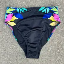 Victoria’ Secret PINK High Waist Swim Bikini Bottom Neon Tropical Leaves Black M