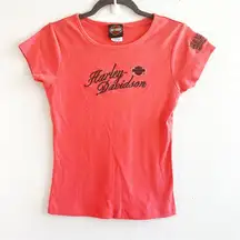 Harley-Davidson Tee Coral Crew Neck Black Metallic Logo Top Sz M EUC Meredith NH