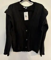 Kirundo V Neck Ruffled Button Down Cable Knit Black Cardigan Size Large NEW