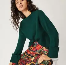 Anthropologie Basile Cropped Cuffed Bell Sleeve Oversized Sweater in Holly Green