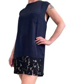 Navy Blue Silk Black Floral Lace Trim Shift Mini Dress