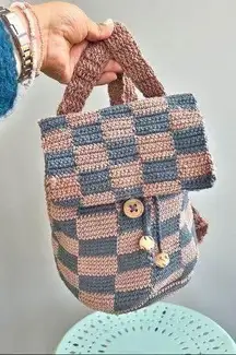 Crochet Checkered Mini Backpack Y2K aesthetic dusty blue Handmade
